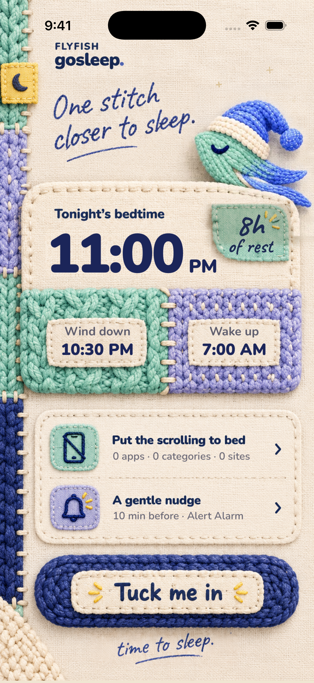 Gosleep app homepage with its knitted FlyFish mascot, bedtime schedule, gentle nudge and Tuck me in button