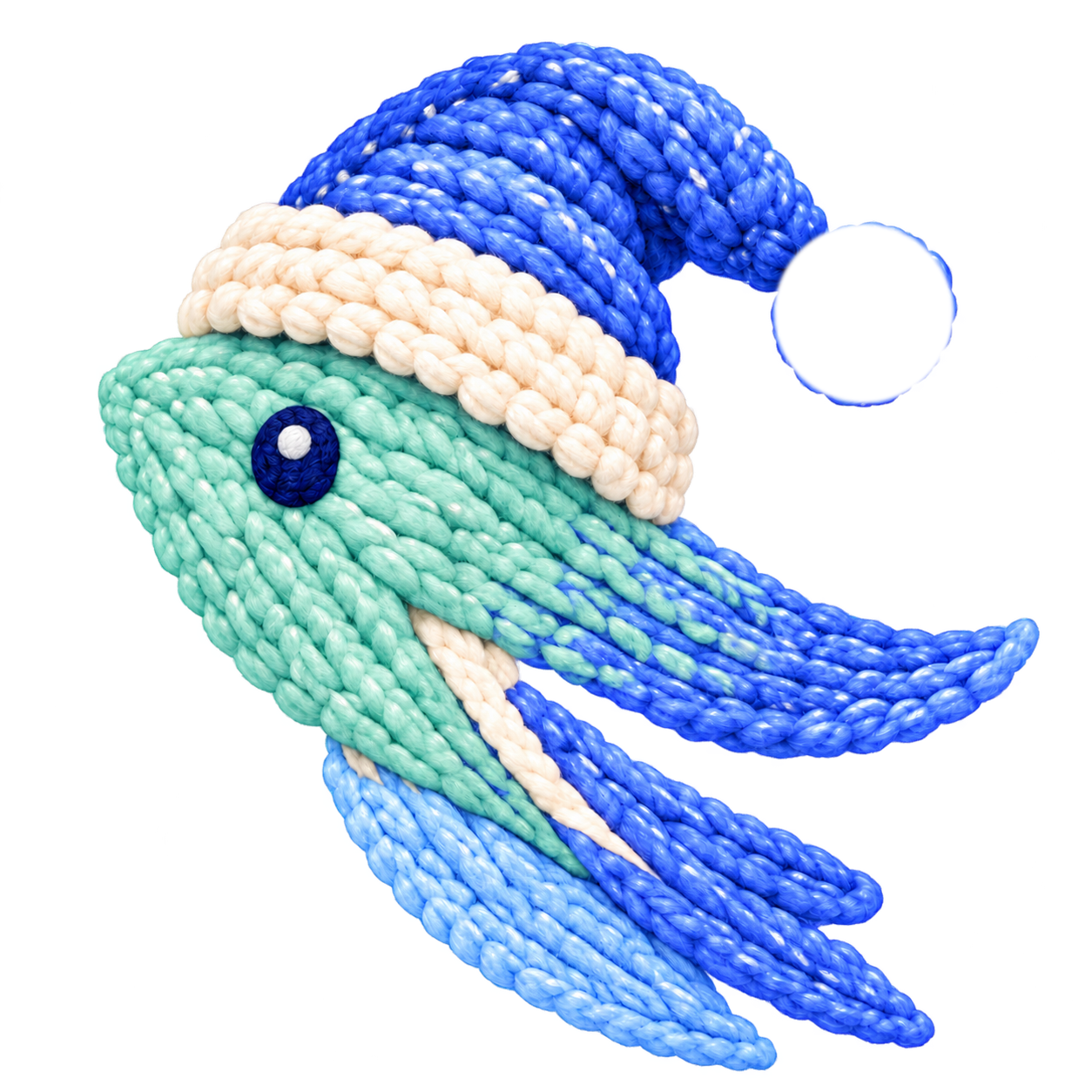 Mint and blue crocheted flying fish wearing a sleeping cap